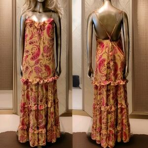 NWT Romantic Paisley Print Crisscross Backless Layered Hem Maxi Dress Sz L